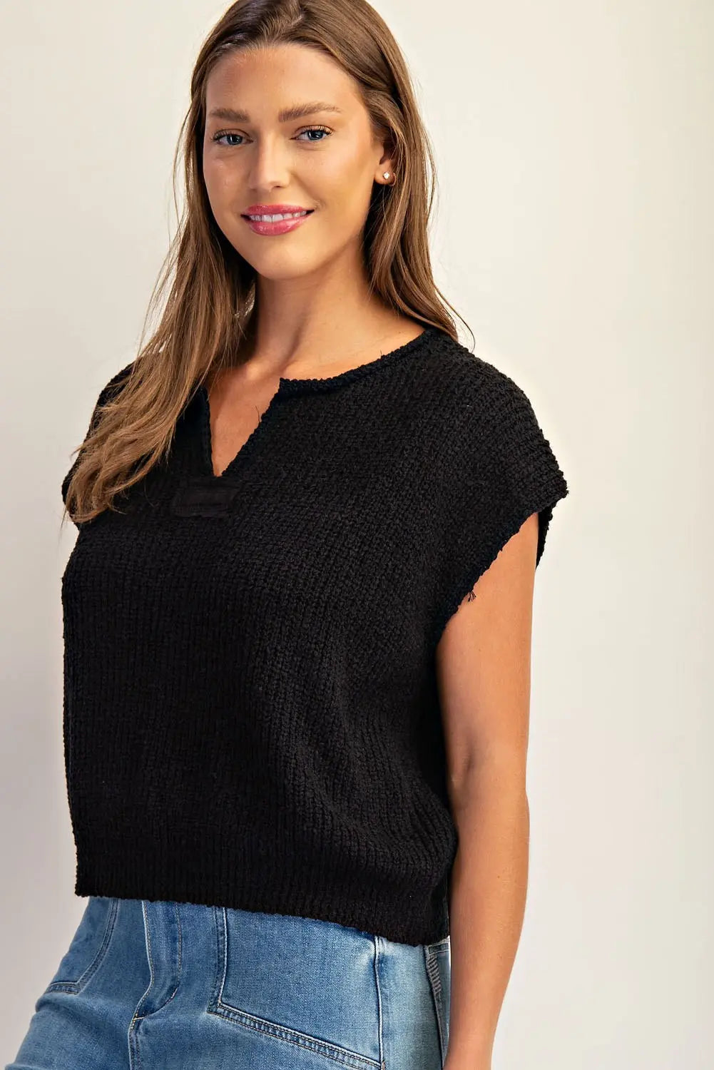 Dana Solid Cap Sleeve Notched Neck Knit Sweater-Black