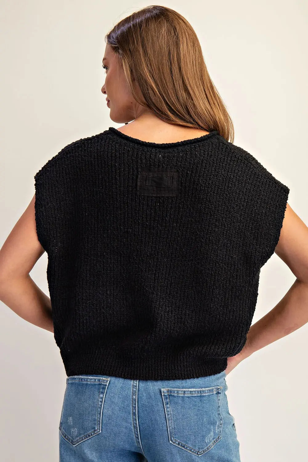 Dana Solid Cap Sleeve Notched Neck Knit Sweater-Black
