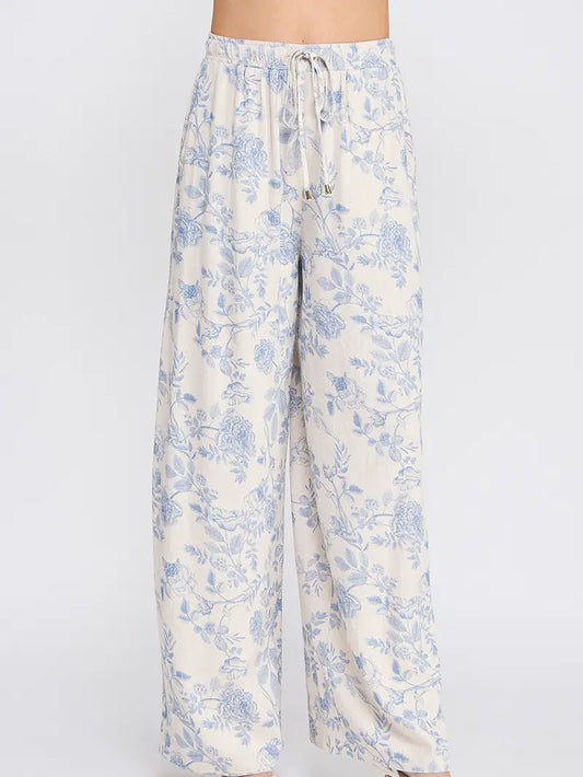 Allie Printed Soft Linen Elastic Tie Waist Wide Leg Pants