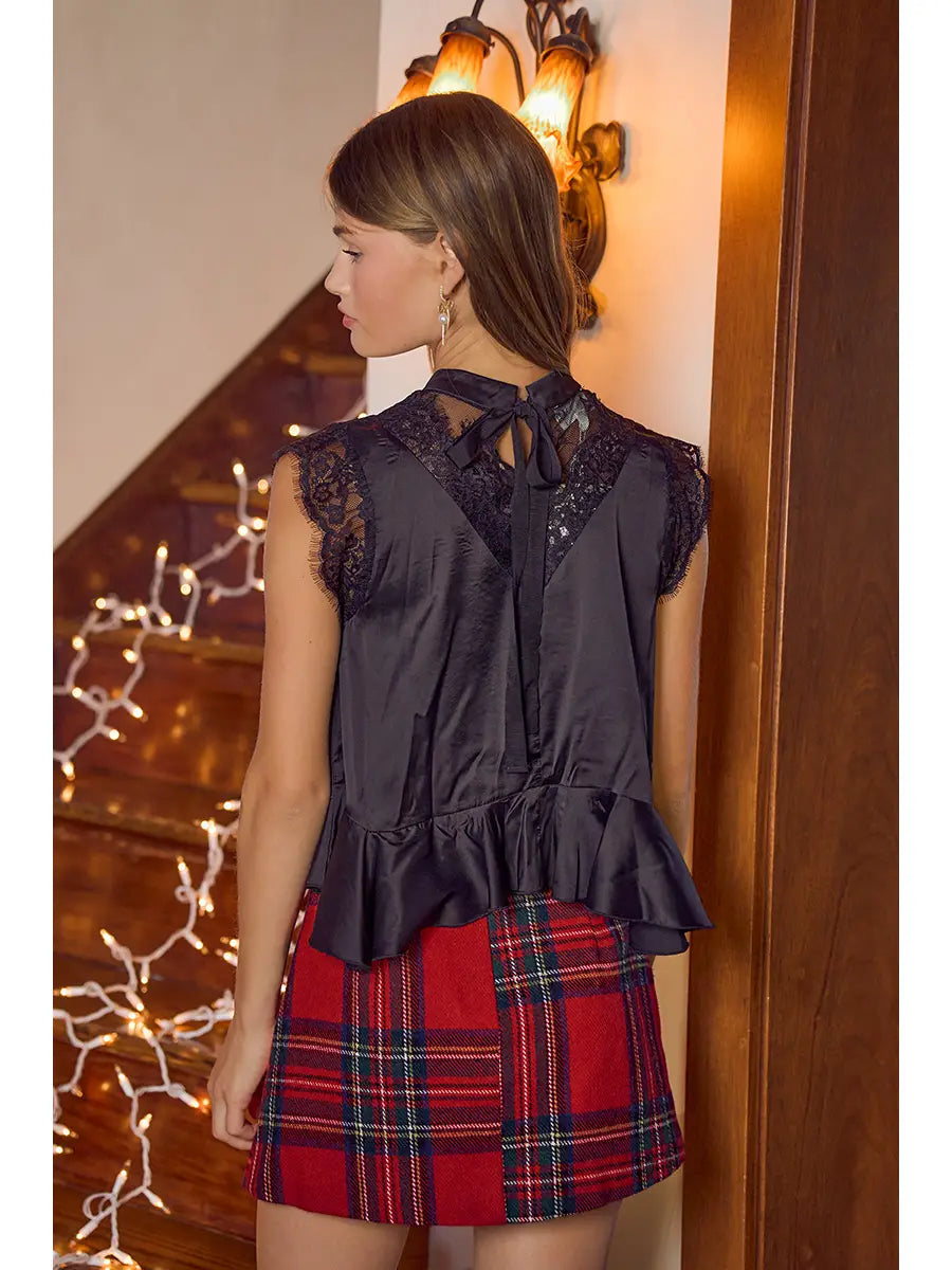 Satin Mock Neck Lace Trim Peplum Blouse Top-Black