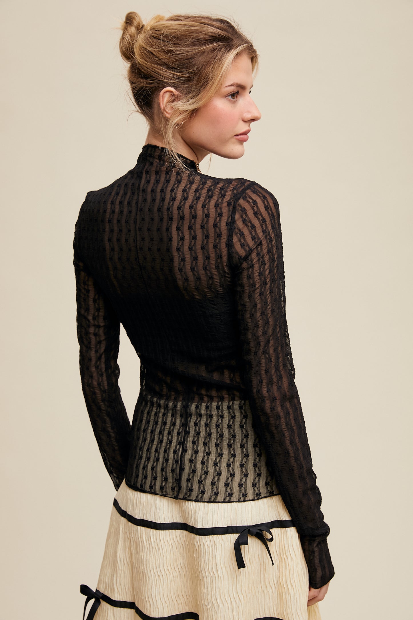 Ditzy Floral Mesh Mock Neck Top-Black