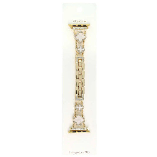 Quatrefoil Rhinestone Pave Apple Watch Chain Band-Gold/White