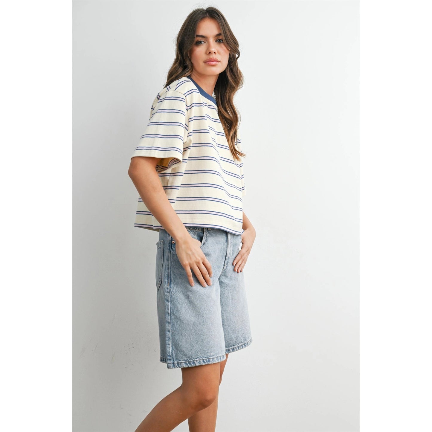Striped Boxy Cropped T-Shirt-Ivory Blue