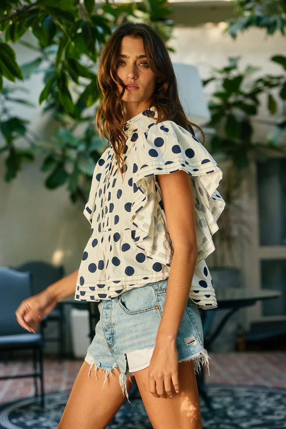 Ruffle Sleeves Pintuck Detail Polka Dot Print Top-Navy