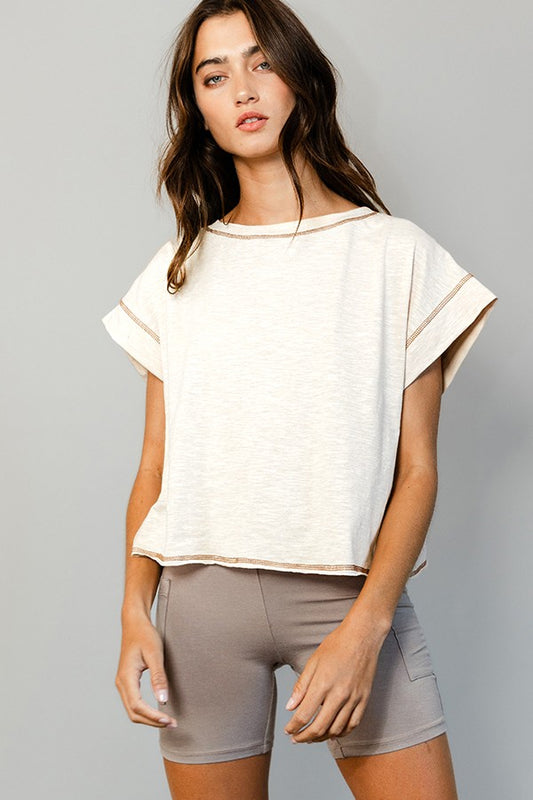 Overlap Open Back Reverse Stitched Crop Top-Natural