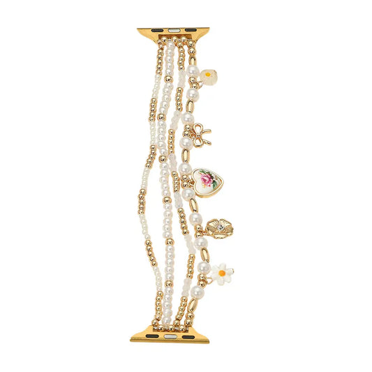 Flower Bow Floral Ceramic Heart Charm Pearl Beaded Multi Layered Apple Watch Band