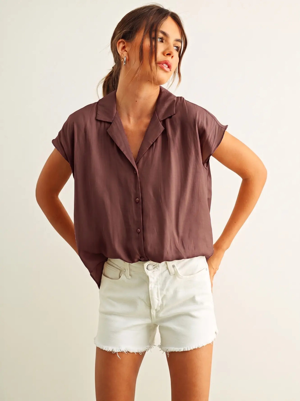 Button Down Cap Sleeve Shirts-Red Bean