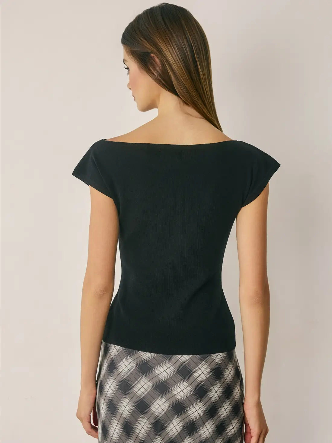 Foldover Boat Neck Cap Sleeve Knit Top-Black