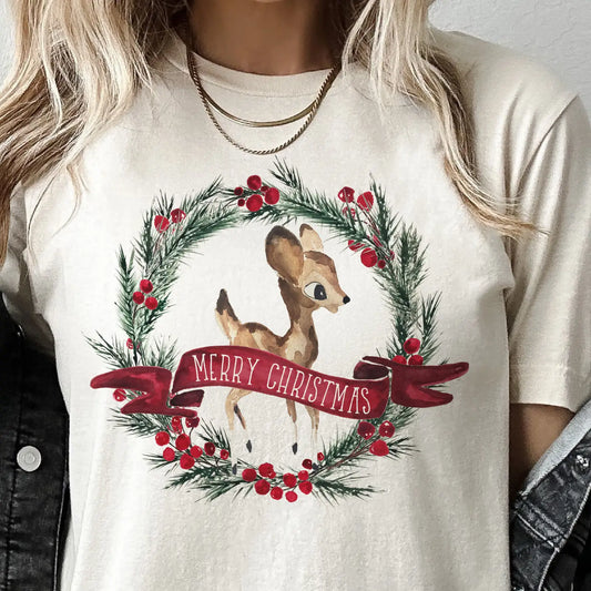 Christmas Deer Wreath Retro Rudolph Vintage Graphic Tee