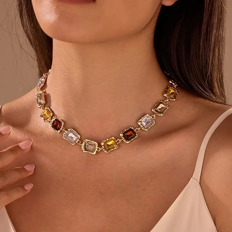 Emerald-Cut Earth Tone Crystal Collar Necklace