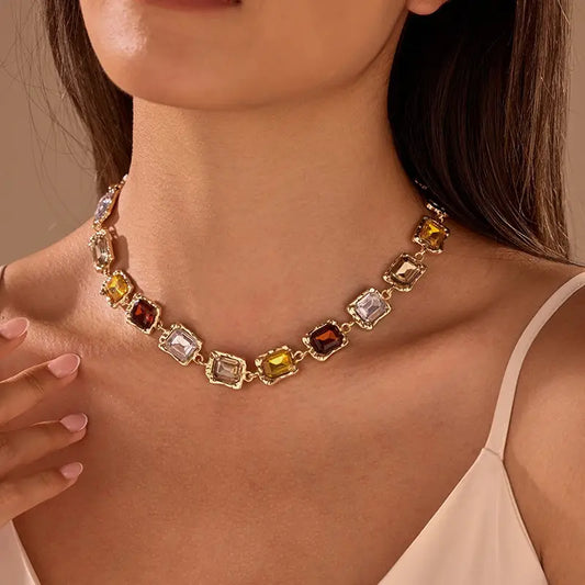 Emerald-Cut Earth Tone Crystal Collar Necklace