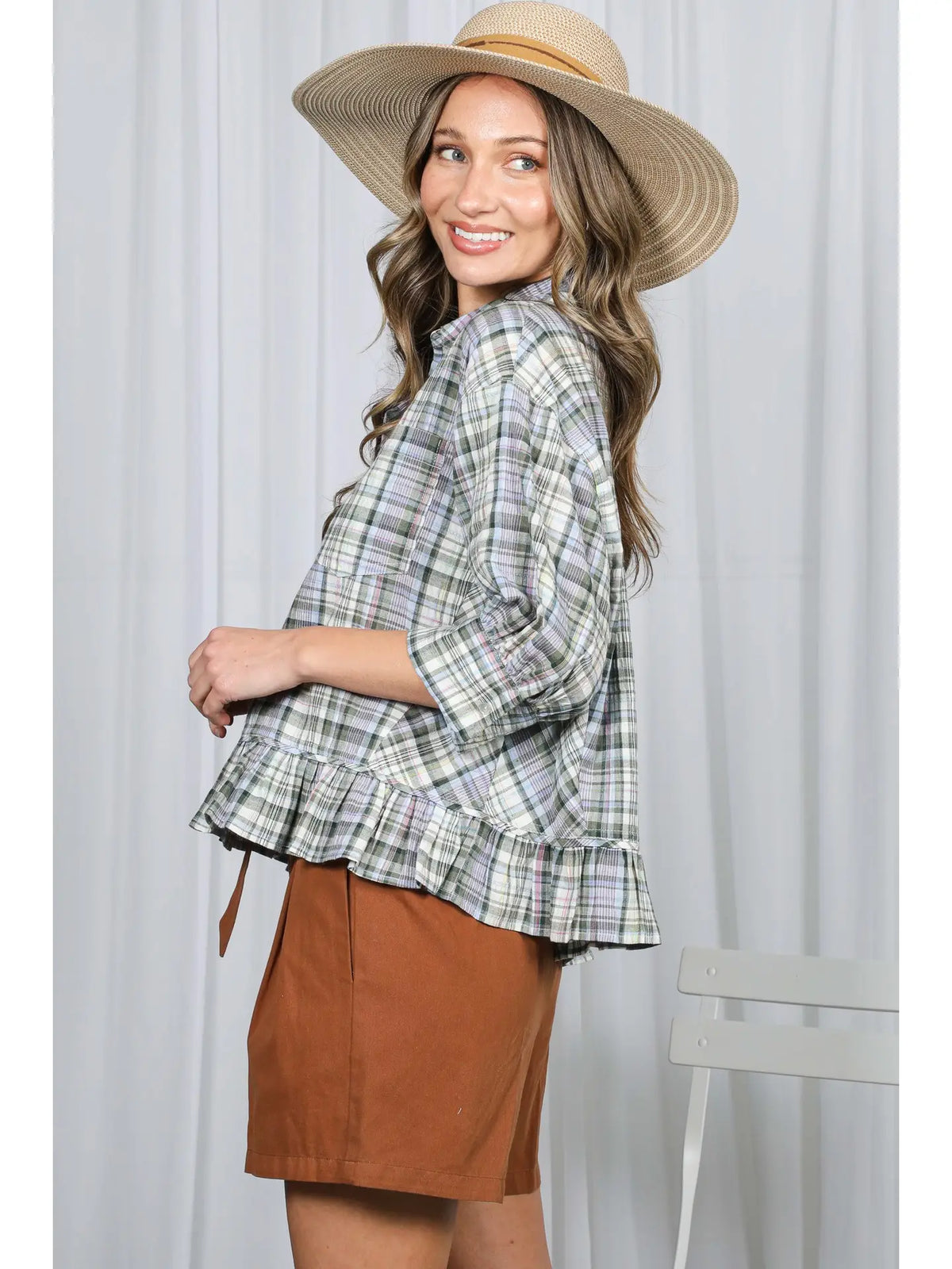 Pocket Detail Ruffle Hem Plaid top-Olive