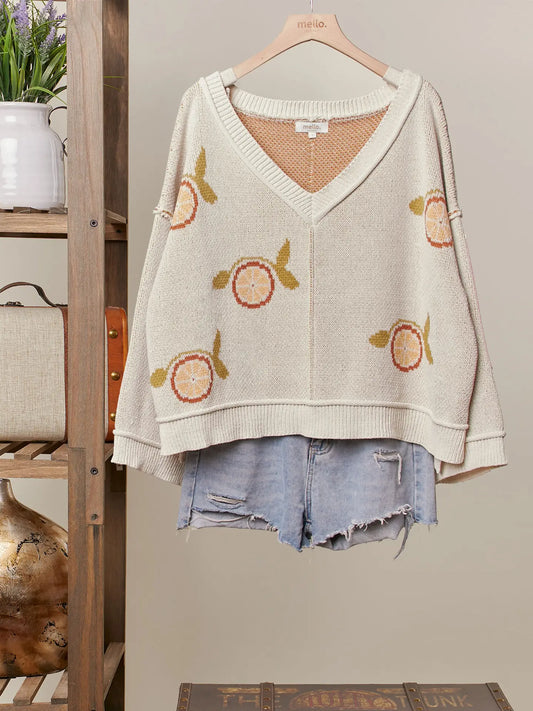 Oversized Orange Pattern V Knit Sweater