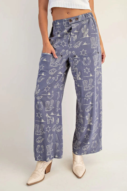 Stone Wash Western Patch Pocket Pants-Indigo