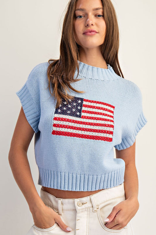 American Flag Mock Neck Sweater Top-Denim