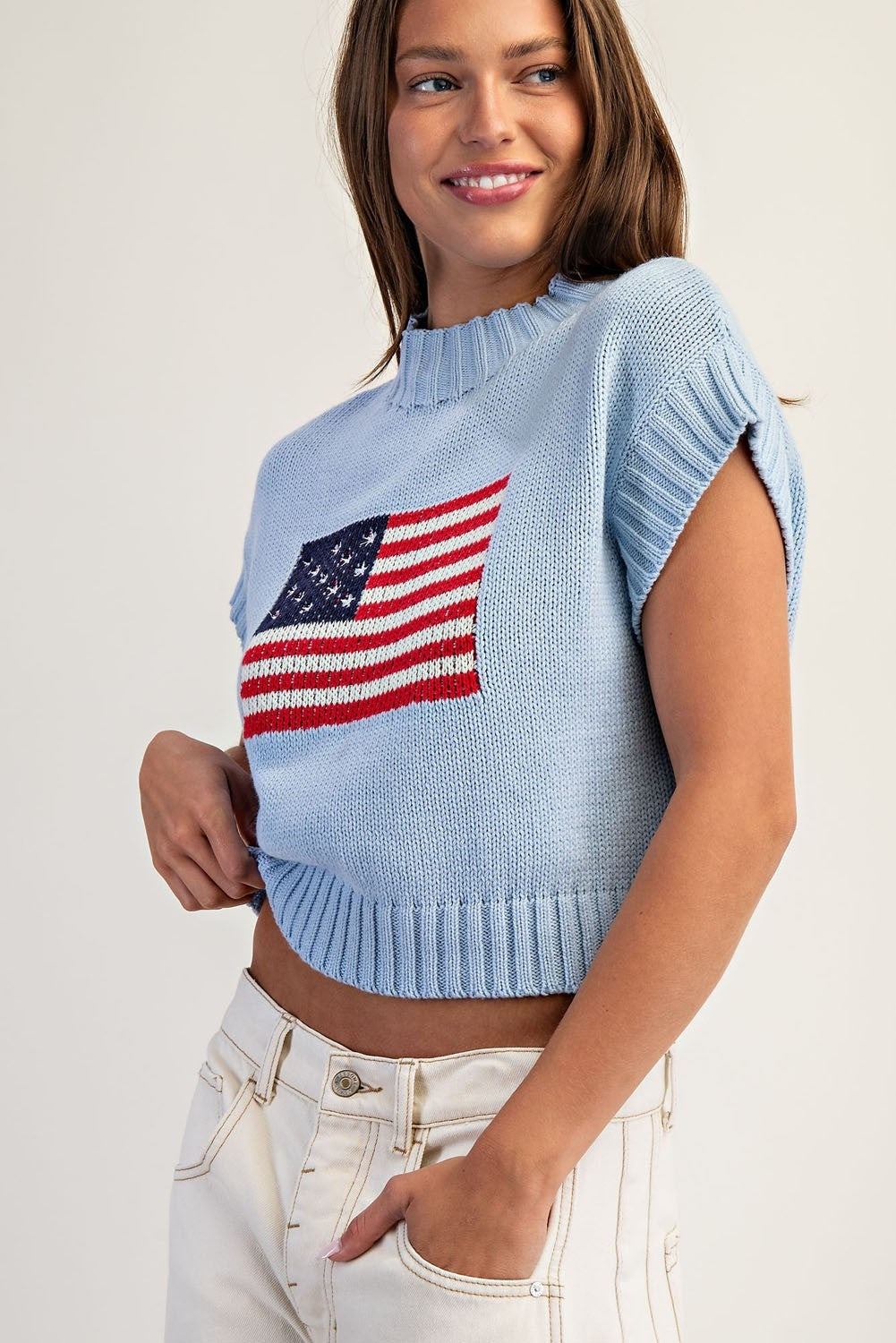 American Flag Mock Neck Sweater Top-Denim