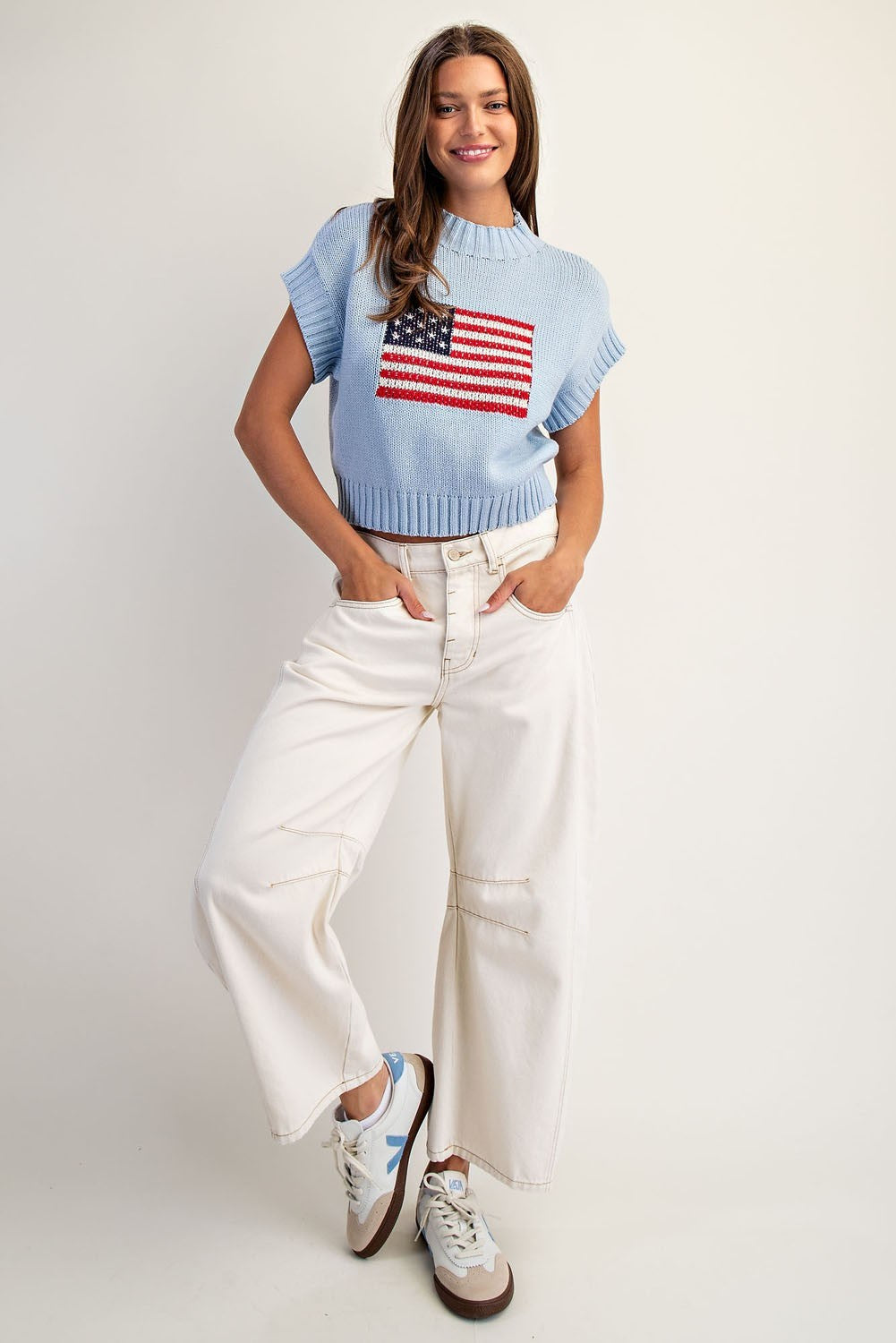 American Flag Mock Neck Sweater Top-Denim