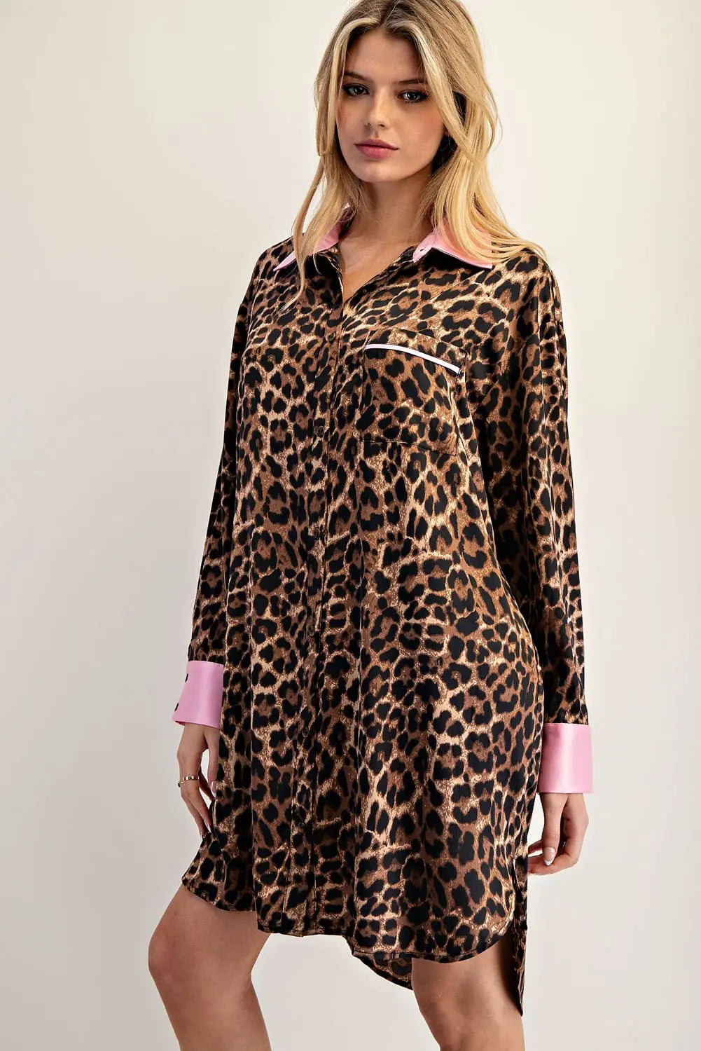 Leopard Pink Contrast Mini Shirt Dress