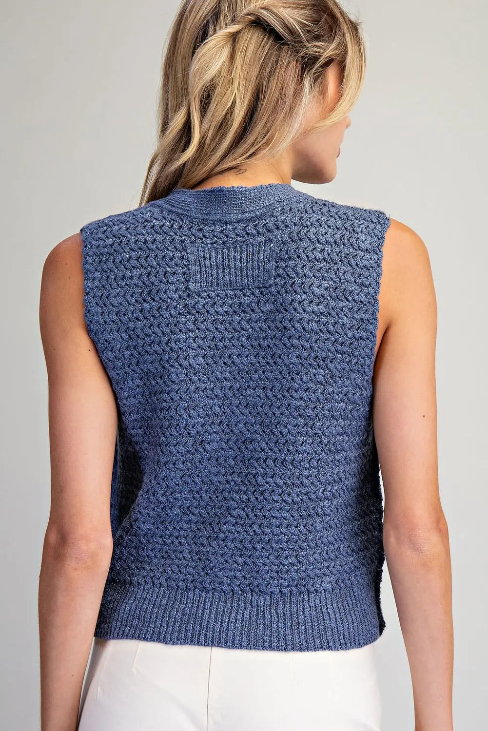 Camille Button Down V-Neck Sweater Vest-Indigo