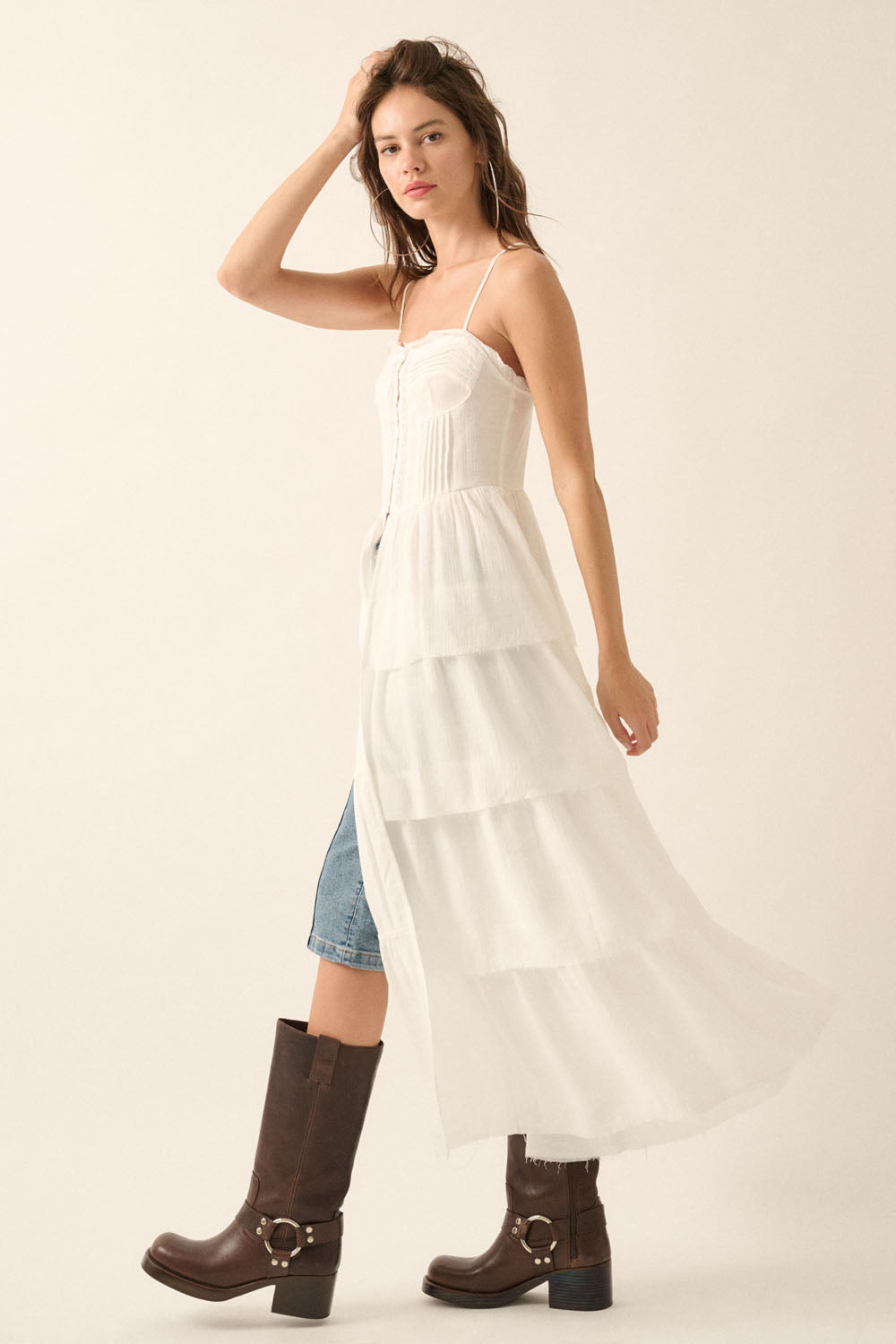 Solid Tiered Ruffle Corset Layering Maxi Top-Off White