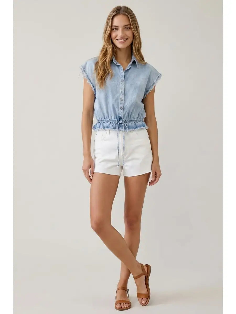 Kenna Elastic Waist Denim Crop Shirt