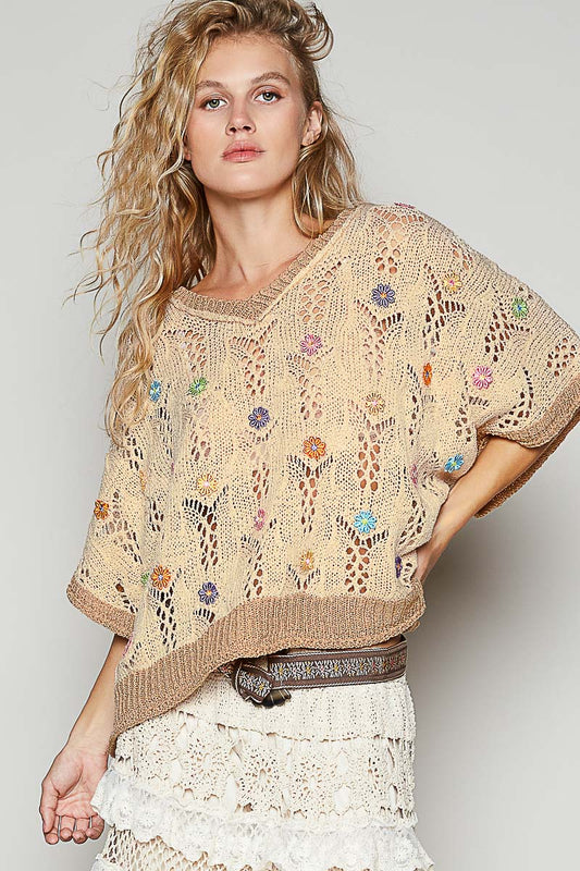 Polly V-neck Sleeveless Flower Outseam Thin Sweater Top-Beige/Latte