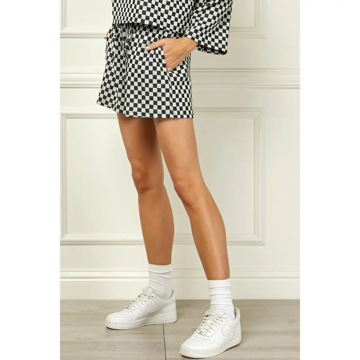Checker Jersey Drawstring Short-Black