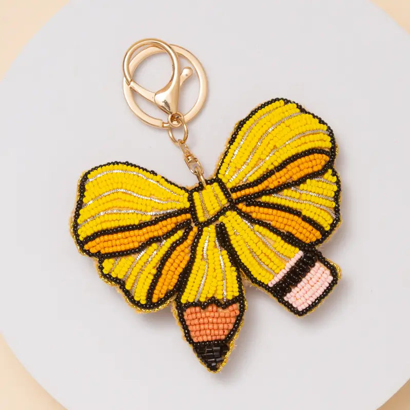 #2 Pencil Bow Seed Beaded Bag Charm Keychain