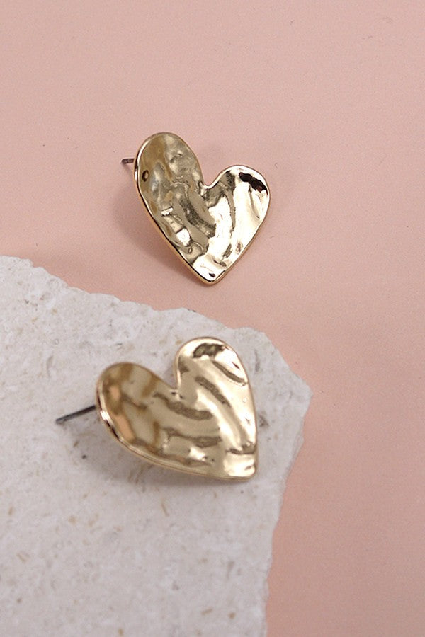Hammered Heart Stud Earrings-Gold