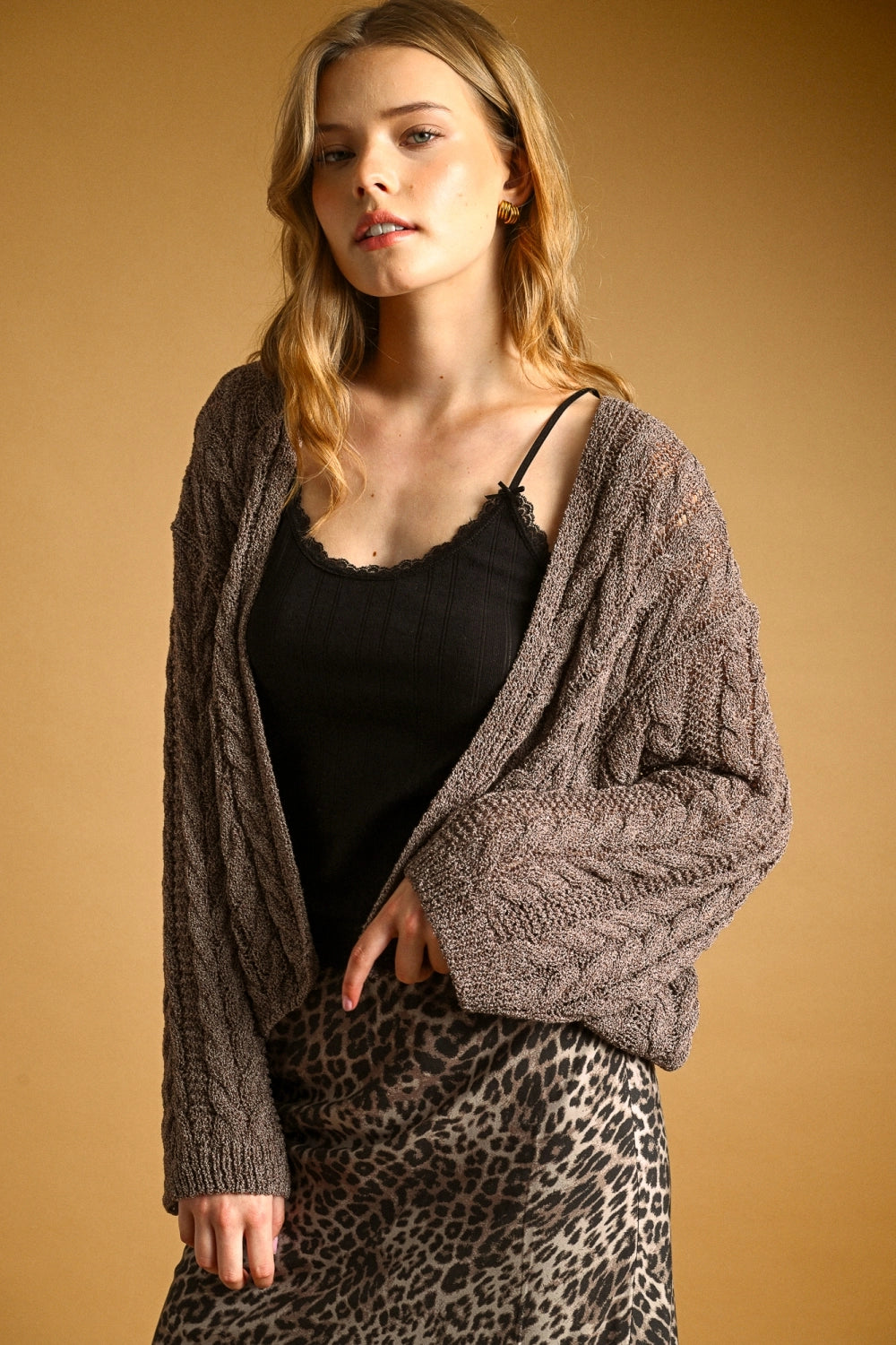 Emberlee Light Weight Cable Knitted Cardigan-Brown
