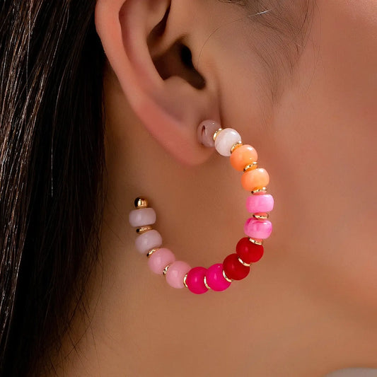 Rainbow Beaded Hoop Earrings-Gold/Pink