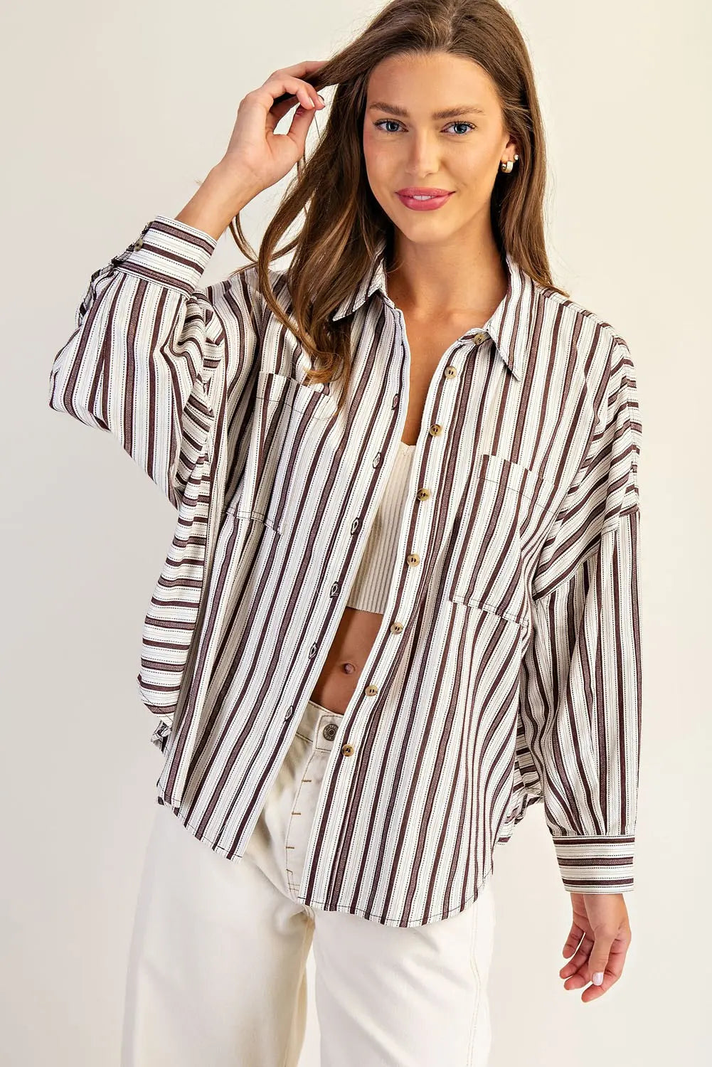 Dobby Striped Long Sleeve Button Down Top-Tiramisu