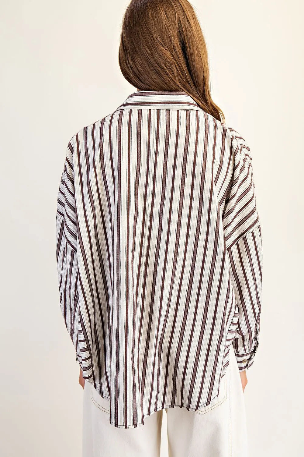 Dobby Striped Long Sleeve Button Down Top-Tiramisu