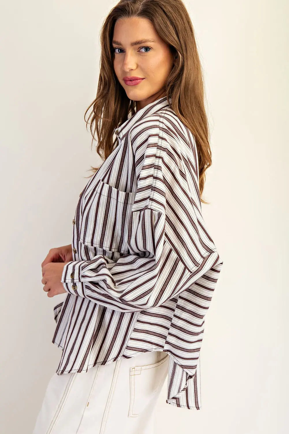 Dobby Striped Long Sleeve Button Down Top-Tiramisu