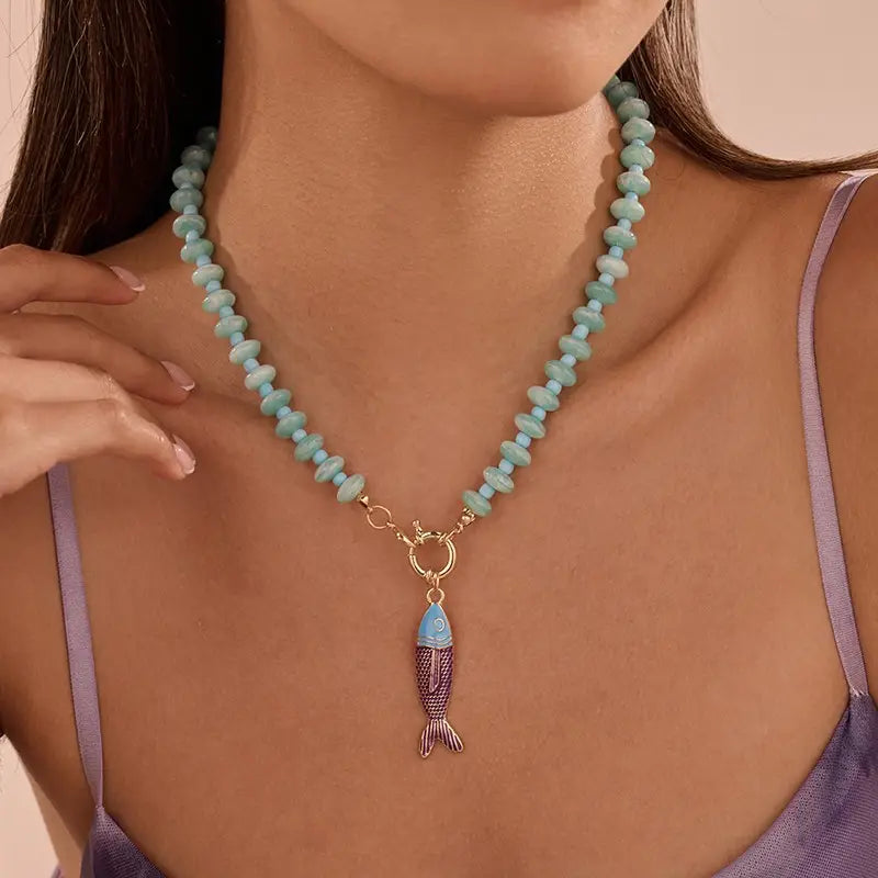 Stainless Steel Tarnish Free Fish Beaded Necklaces-Turquoise