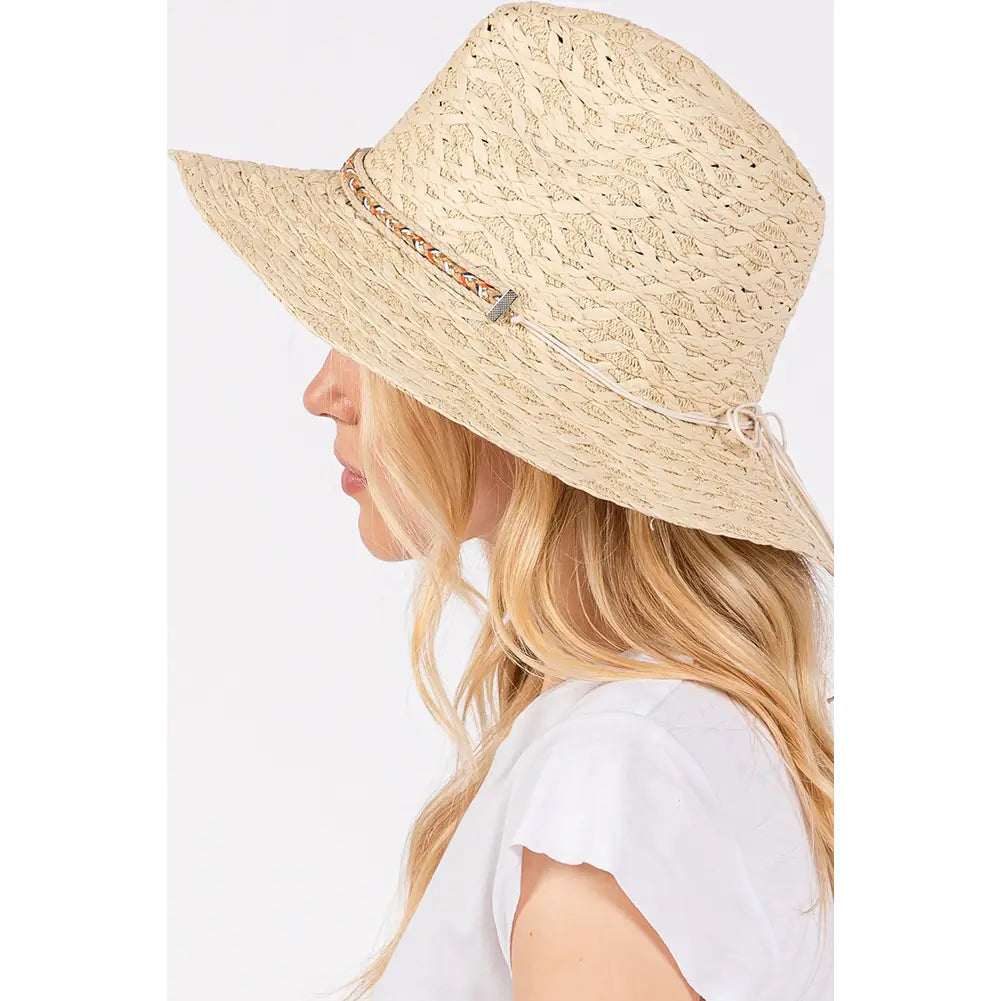 Evil Eye Straw Braided Band Summer Straw Sun Hat-Beige