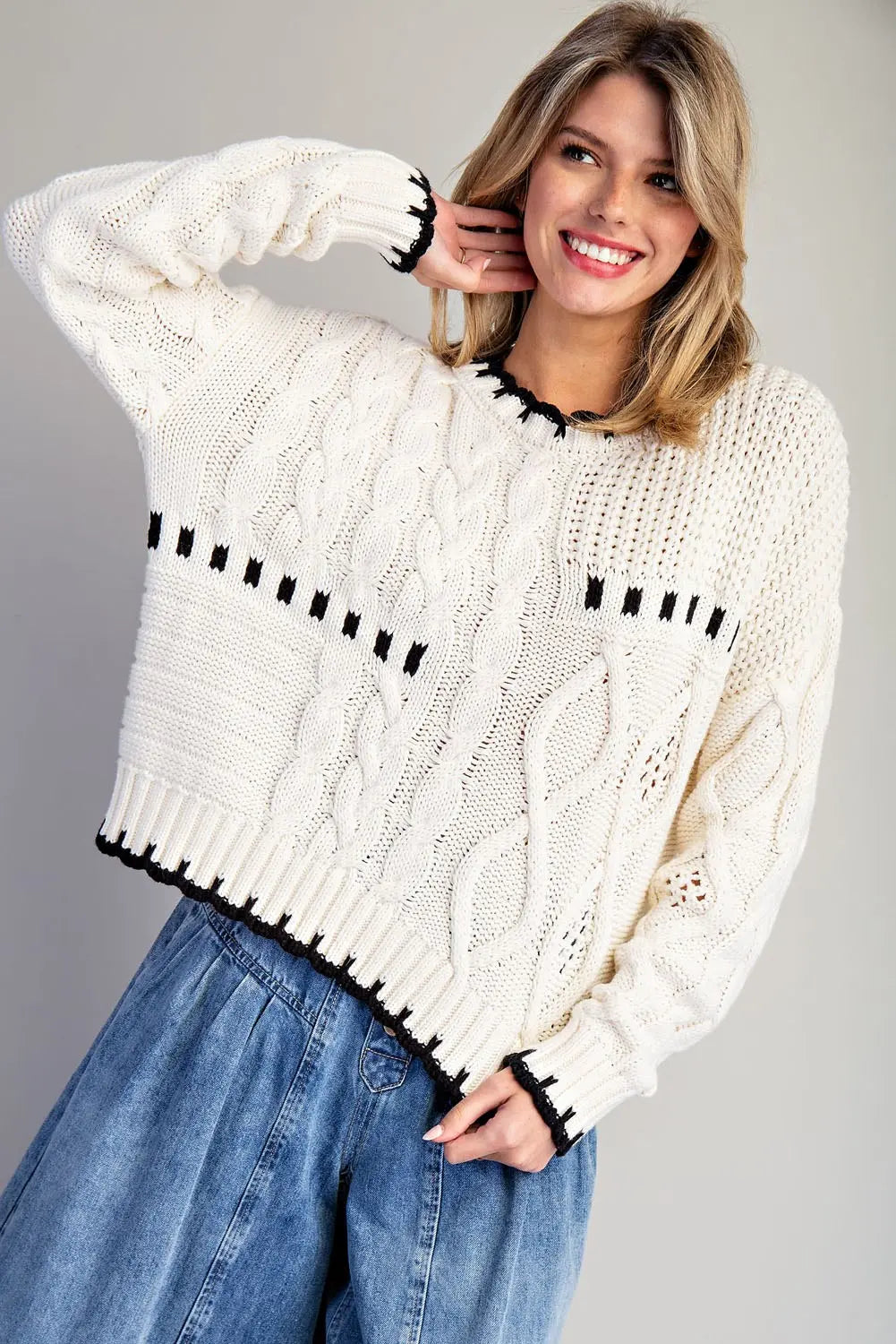 Kyra Patchwork Mix Knit Long Sleeve Sweater-Vanilla
