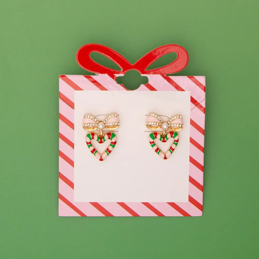 Christmas Striped Candy Enamel Bowed Heart Post Earrings-Multi-Colored