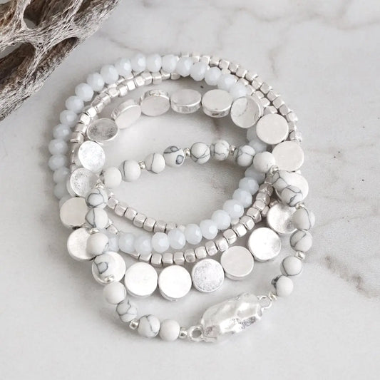 5 Piece Boho Beaded Bracelets Stack Semi Precious Metal Glas-White
