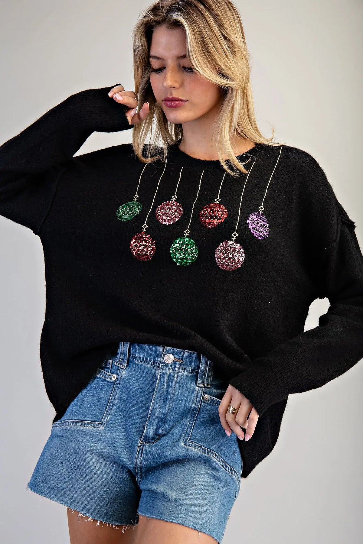 Christmas Ornament Long Sleeve Sweater-Black Glow
