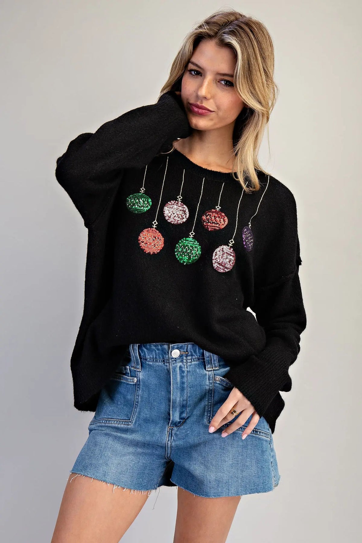 Christmas Ornament Long Sleeve Sweater-Black Glow