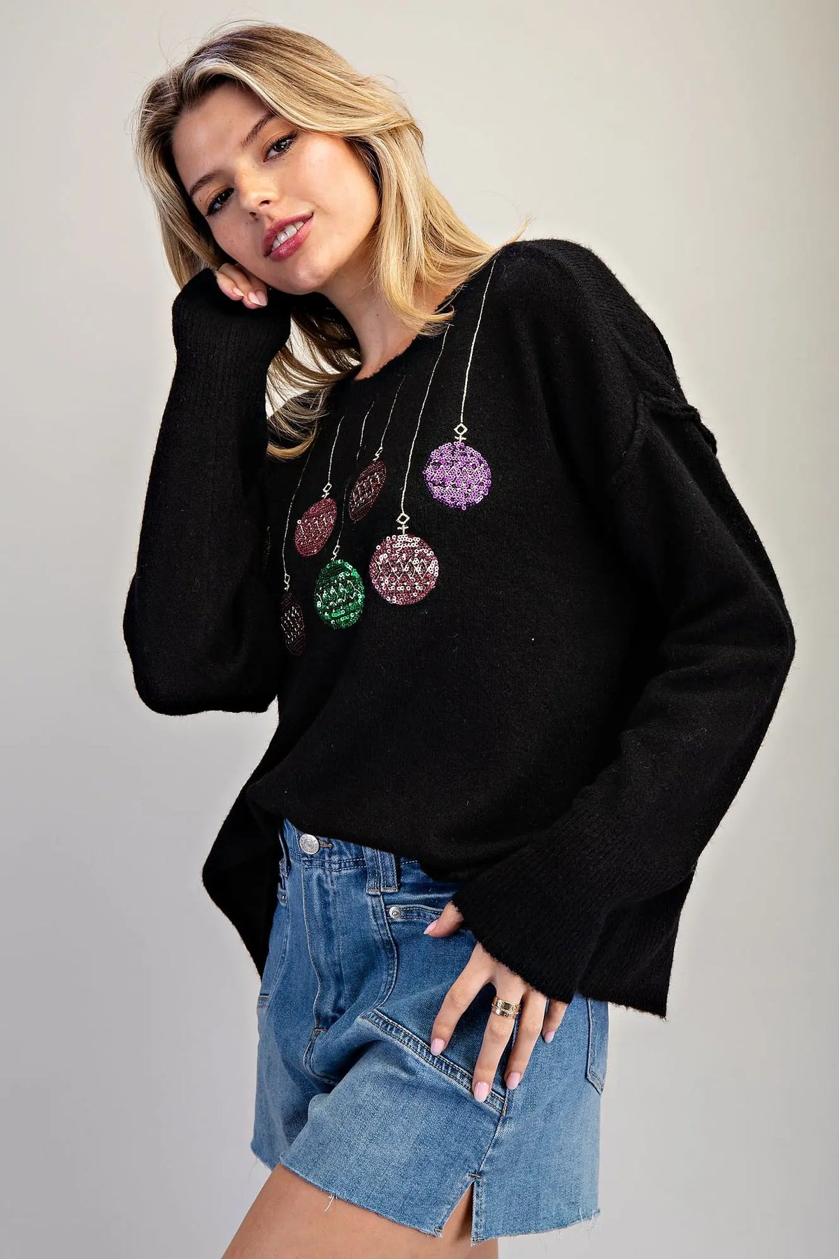 Christmas Ornament Long Sleeve Sweater-Black Glow
