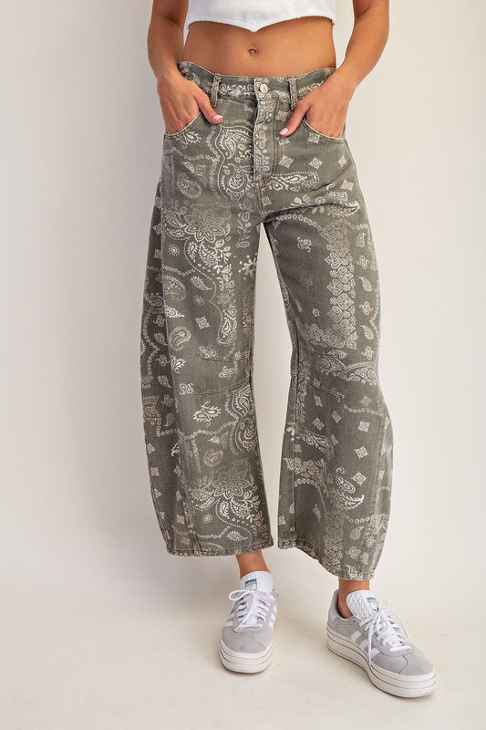 Mineral Washed Paisley Printed Barrel Jeans-Vintage Green