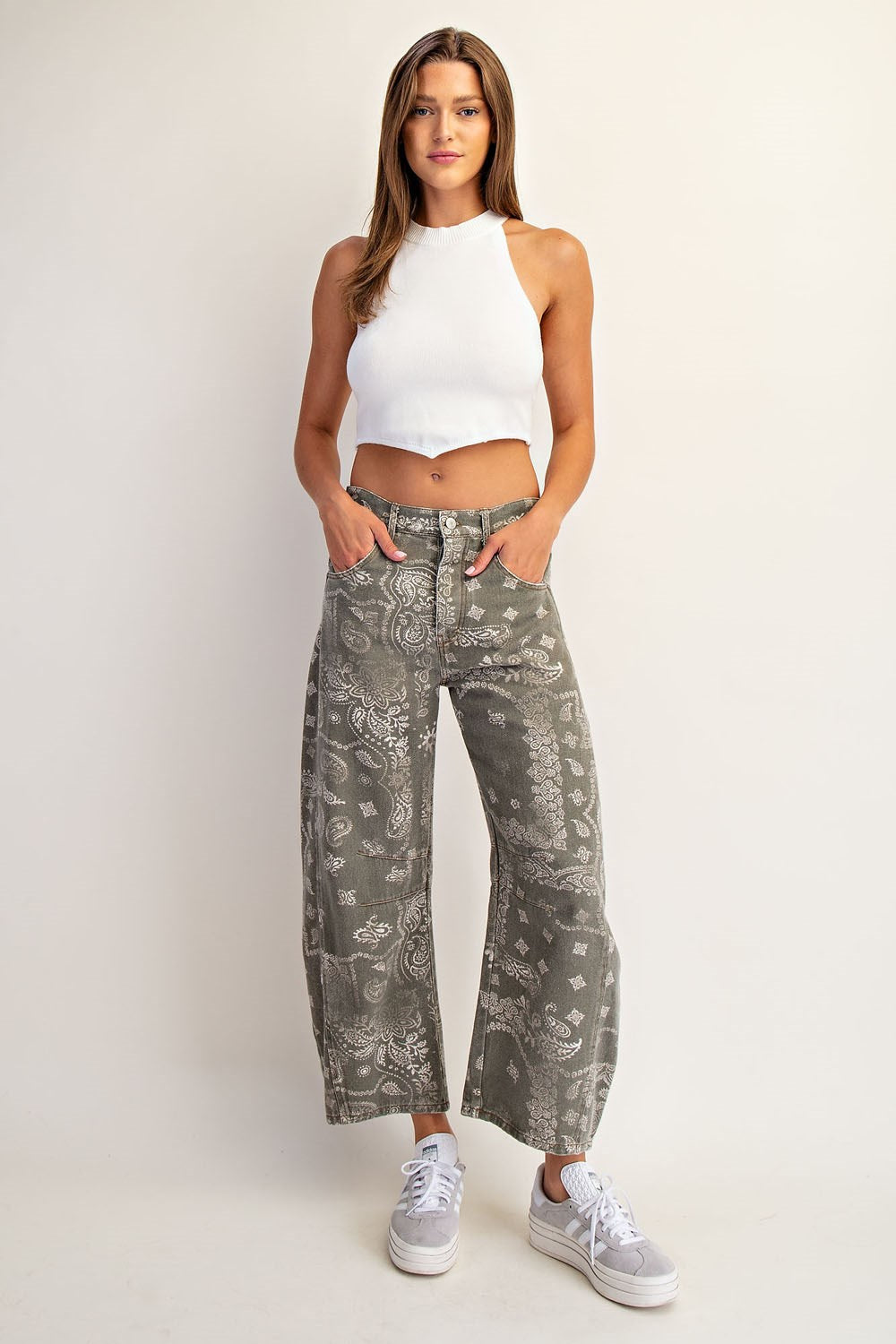 Mineral Washed Paisley Printed Barrel Jeans-Vintage Green