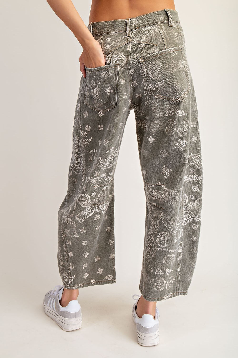 Mineral Washed Paisley Printed Barrel Jeans-Vintage Green