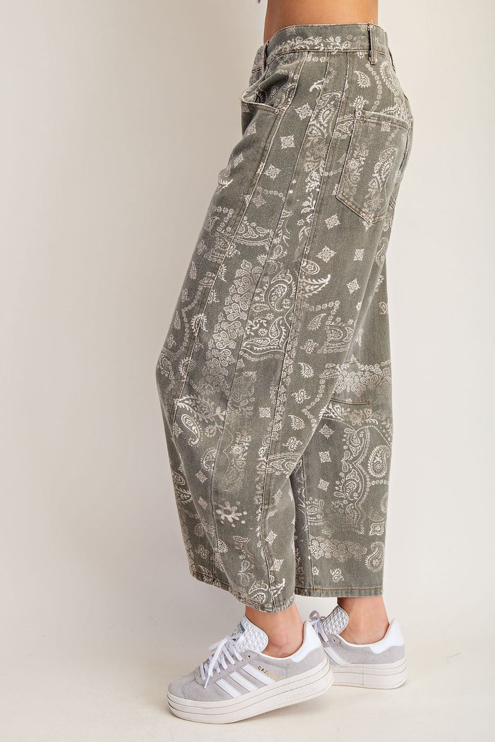 Mineral Washed Paisley Printed Barrel Jeans-Vintage Green