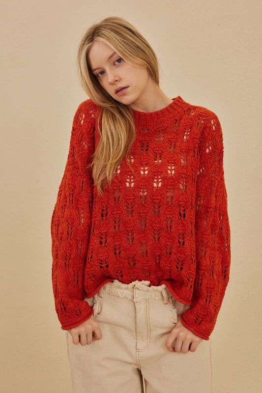See Through Loose Fit Sweater-Burnt Orange