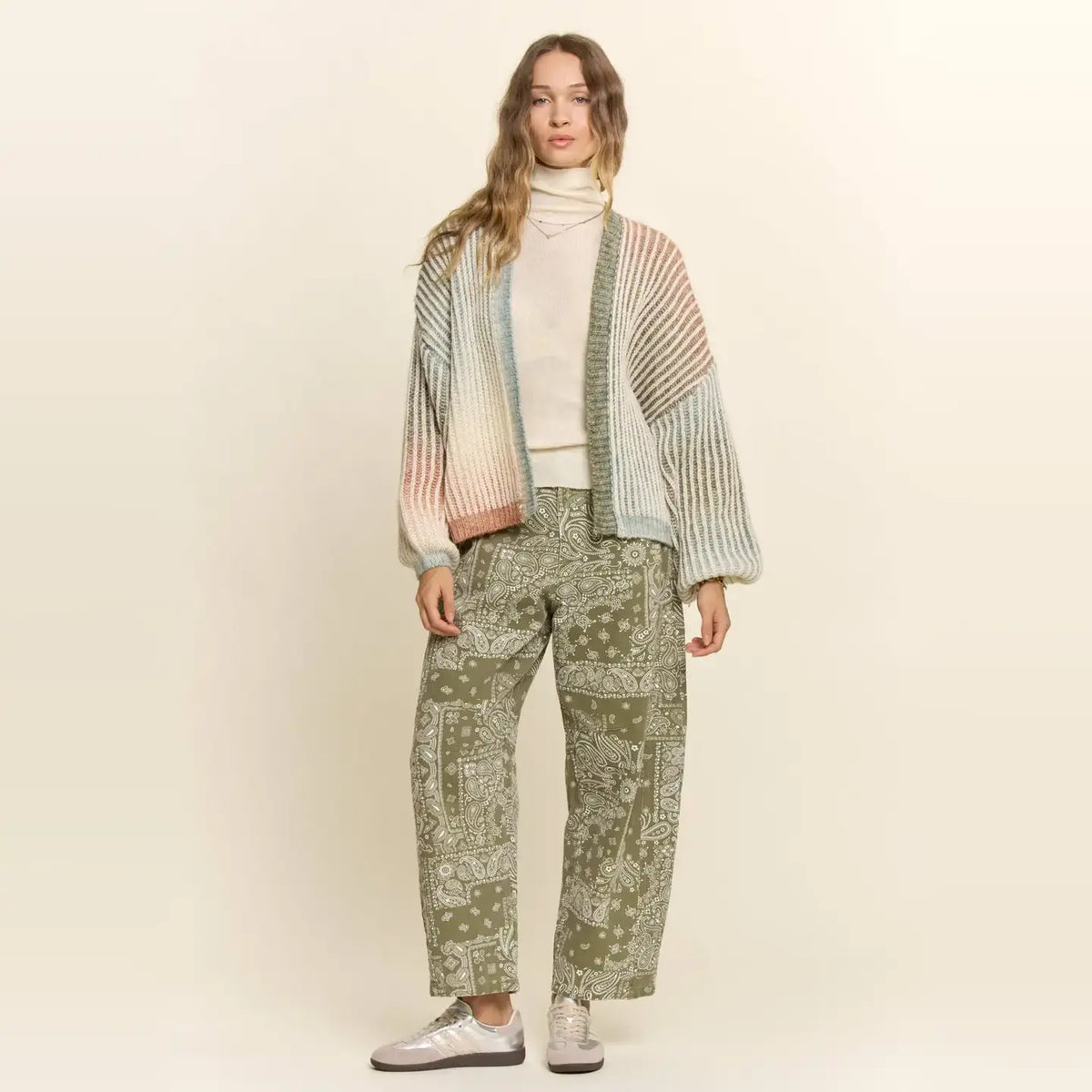 Rainbow Ombre Ribbed Knit Open Cardigan-Olive Rust
