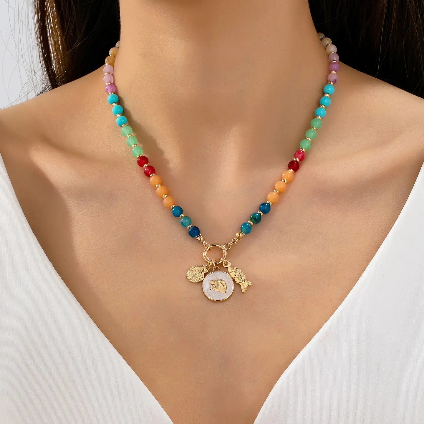 Rainbow Beaded Nautical Charm Necklace, 16 in