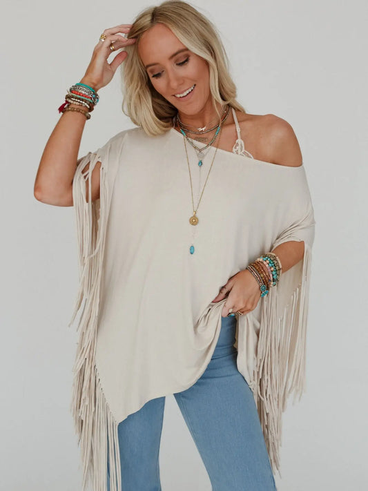 Western Showstopper Fringe Top - Oat